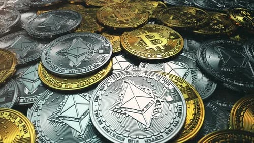 Fallende Bitcoin und Ethereum-Münzen Hintergrund 02
