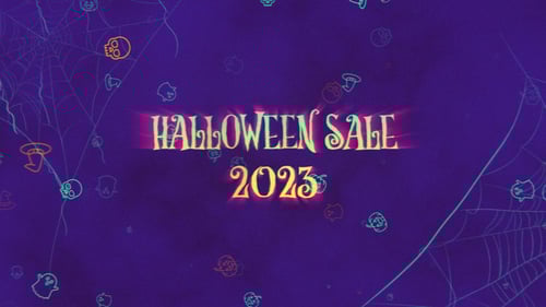 Neon Halloween Sale Opener with Spooky Icons and Glitch Effects