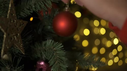 Decorating Christmas Tree with Red Bauble Ornament