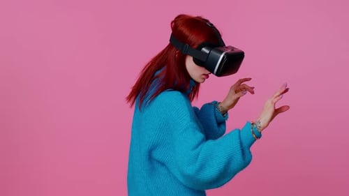 Woman with VR Headset in the Virtual World