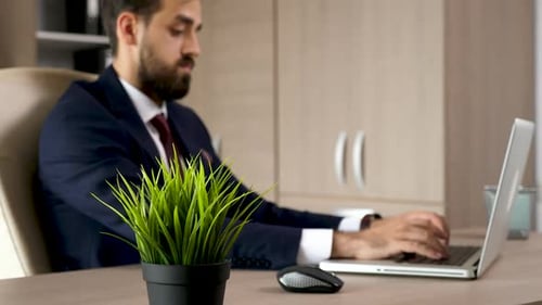 Man Working on Laptop in Office Setting