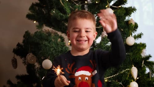 Boy Holding Sparkler by Decorated Christmas Tree