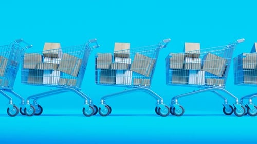 Animation of the line of carts full of packages.Concept of shopping and shipping