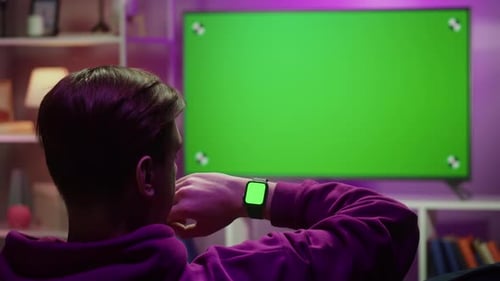 Man Using Smartwatch with Chroma Key Closeup