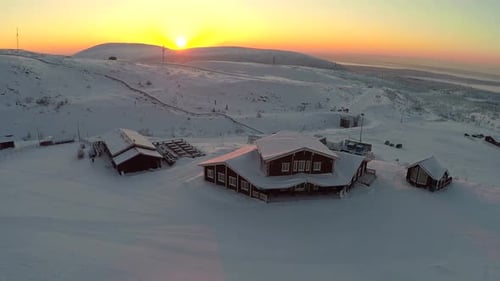 Winter recreation centre at sunset, aerial view