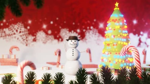 Christmas Winter Wonderland Scene with Snowman and Decorated Tree Loop