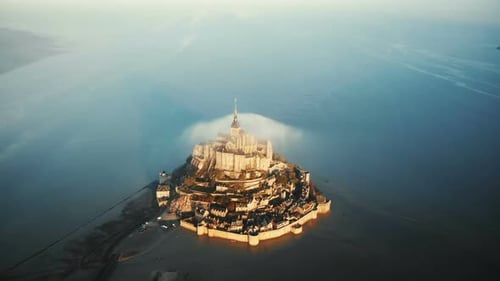 Beautiful Aerial Shot of Majestic Sunrise Mont Saint Michel, Ancient Normandy Castle Island