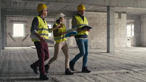 Construction Workers Walking Through Building Site