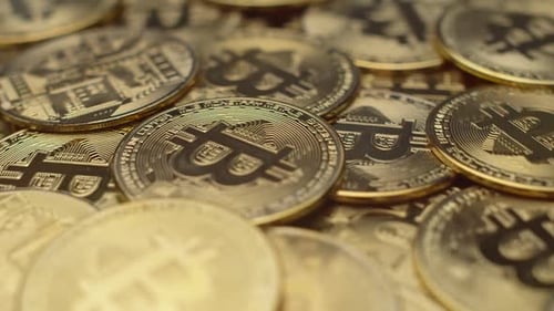 Macro Close up of Gold Bitcoins