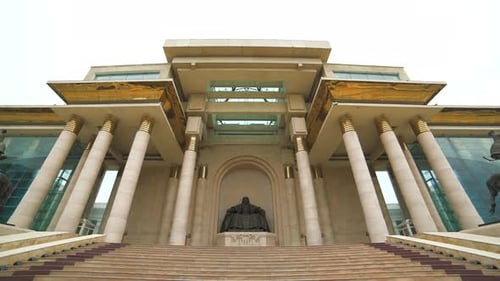 Mongolian Parliament Building and Statue of Genghis Khan in Ulaanbaatar Square Capital of Mongolia