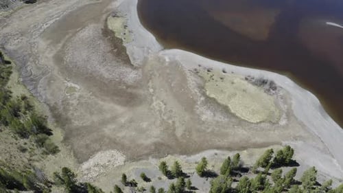Aerial view over shoreline at Hebgen Lake during drought year