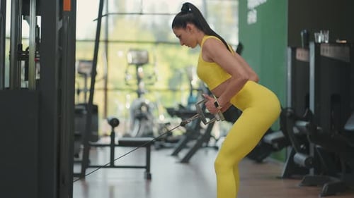 Brunette Woman Trains Her Back and Shoulders in the Gym