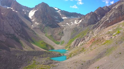 Around Beautiful Turquoise Waters of the Mountain Lake with Snowcovered Peaks
