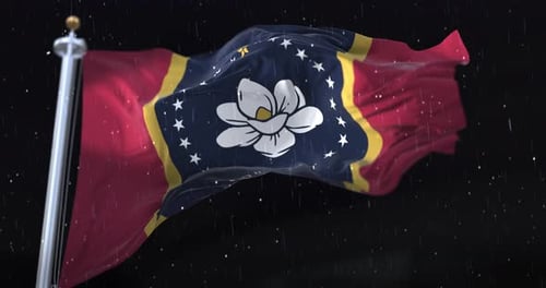 Mississippi State Flag Waving in Rain at Night