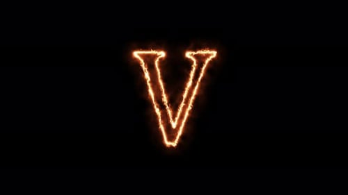 Buchstabe V Feuer. Animation auf einem schwarzen Hintergrund Das Buchstaben-4K-Video brennt in einer Flamme.
