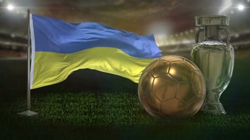 Ukrainian Flag Waving with Golden Soccer Ball and Trophy in Stadium