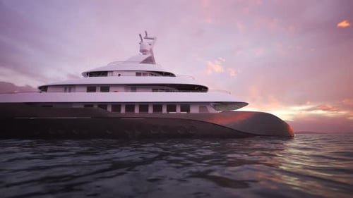 Big, luxury yacht sailing in the open sea during beautiful pink sunset. 4K HD