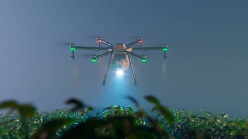 Animation with drone spraying health plant products on a plantation at night.