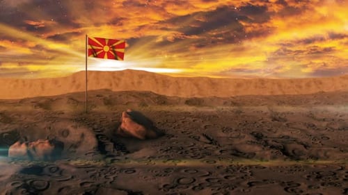 Flag Waving on Alien Planet with Dramatic Sunset