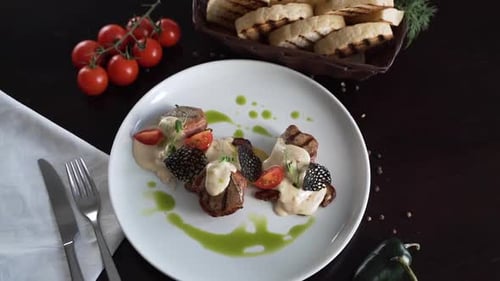 Gourmet Grilled Steak Dish with Mushrooms and Sauce
