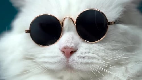 Fluffy White Cat Wearing Black Sunglasses