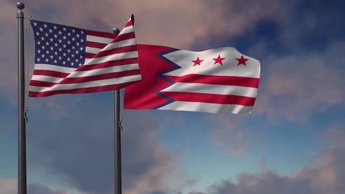 United States and Washington D.C. Flags Waving in Wind