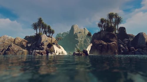 Stone Island In The Sea With Palm Trees And Waterfalls