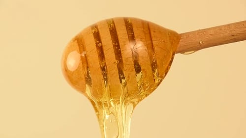 Close up honey flowing from wooden dipper on beige