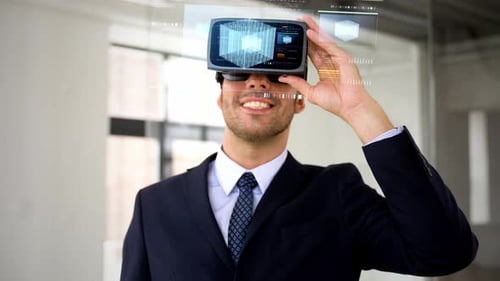 Man Using VR Headset in Modern Office