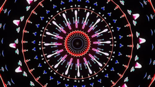 Glatte Loop-Rotation von hellen mehrfarbigen Kreisen mit Strahlen 02