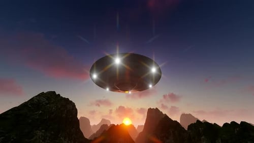 Futuristic UFO Flying Saucer Hovering Over Mountains at Sunset