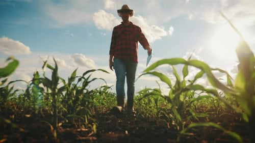Adult Walks Through Cornfield on a Sunny Day