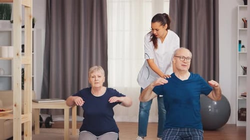 Seniors Doing Yoga at Home with Instructor
