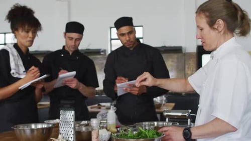 Culinary Students Learn from Instructor in Professional Kitchen