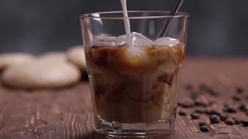 Milk is Poured into an Iced Coffee