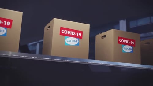 3D Animation of COVID-19 Vaccine Boxes Moving on Conveyor