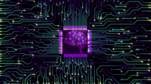 AI Brain on Circuit Board with Digital Data Stream