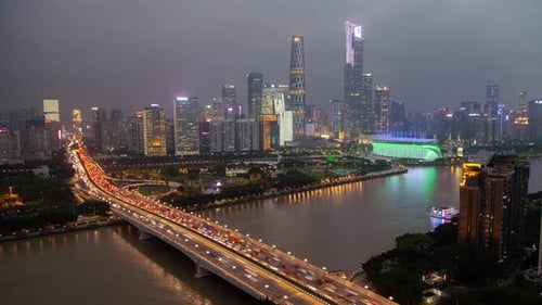 Cityscape at Night with Cars and Boats Time Lapse