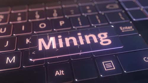 Teclado de computador futurista e mensagem de mineração transparente