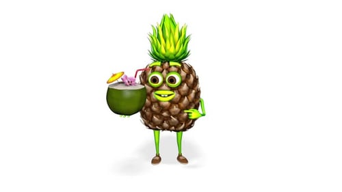 3d Cartoon Pineapple Shows Coconut Loop On White Background