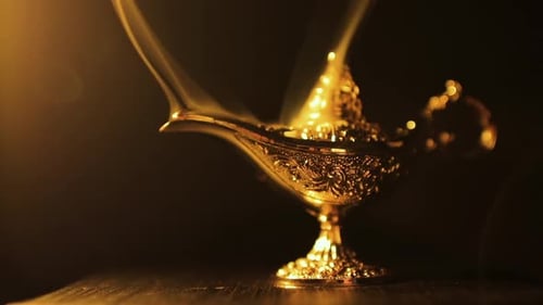 Vieille lampe arabe avec fumée, lampe magique Aladdin en gros plan