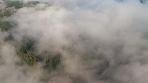 Drone flight over low clouds and morning mists covered mountain slopes
