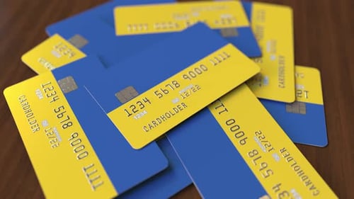 Pile of Credit Cards with Flag of Ukraine