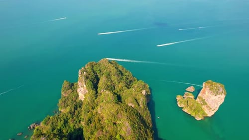 Many passenger ships float on the turquoise waters