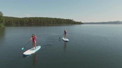 Young Women Paddle Boarding on a Tranquil Lake