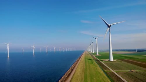 Windmill Park in the Ocean Drone Aerial View of Windmill Turbines Generating Green Energy Electric