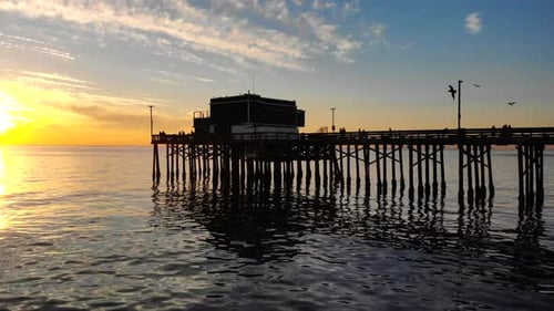 Newport beach pier with people fishing and seagulls flying in silhouette during a southern Californi