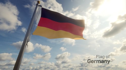 Waving German Flag on Pole with Sunny Sky Background