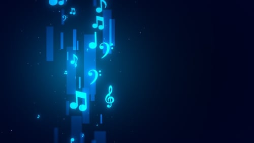 Glowing Musical Notes and Bars Upward Flowing Background