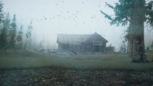 Abandoned Wooden Cabin in a Misty Forest with Flying Crows